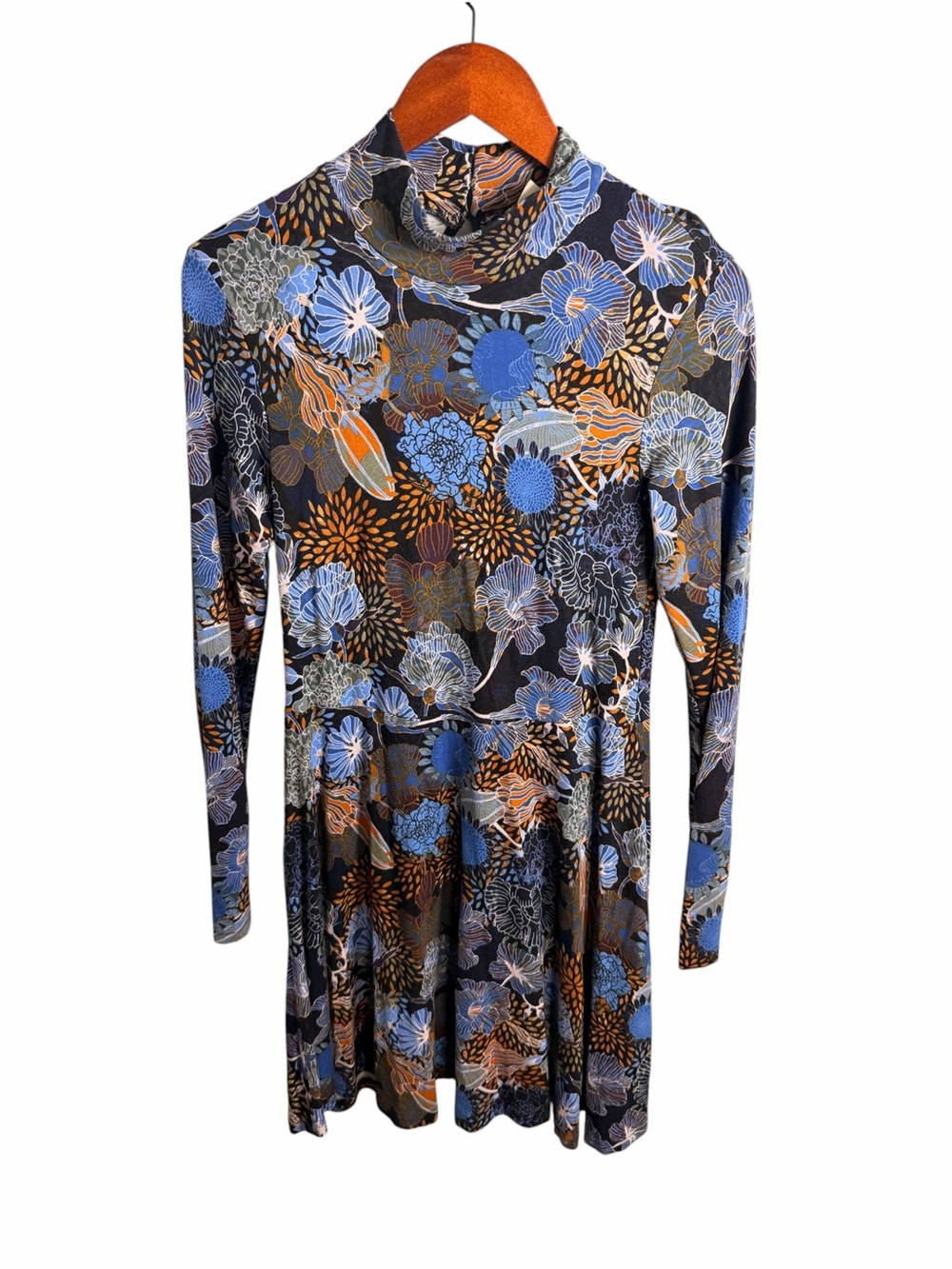 H&M Floral Long-Sleeve Turtleneck Dress - Blue/Brown/Black M